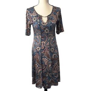 Sami & Jo Dress Womens Small S Blue Paisley Knit Keyhole Metal Accent Midi Flare